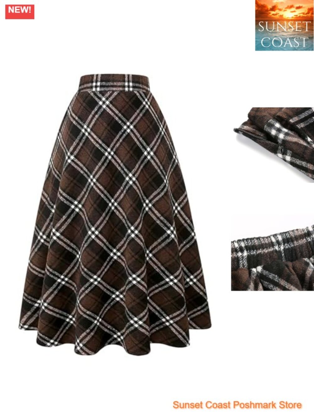 High Waisted Plaid A Line Midi Skirt with Pockets Elastic Waist